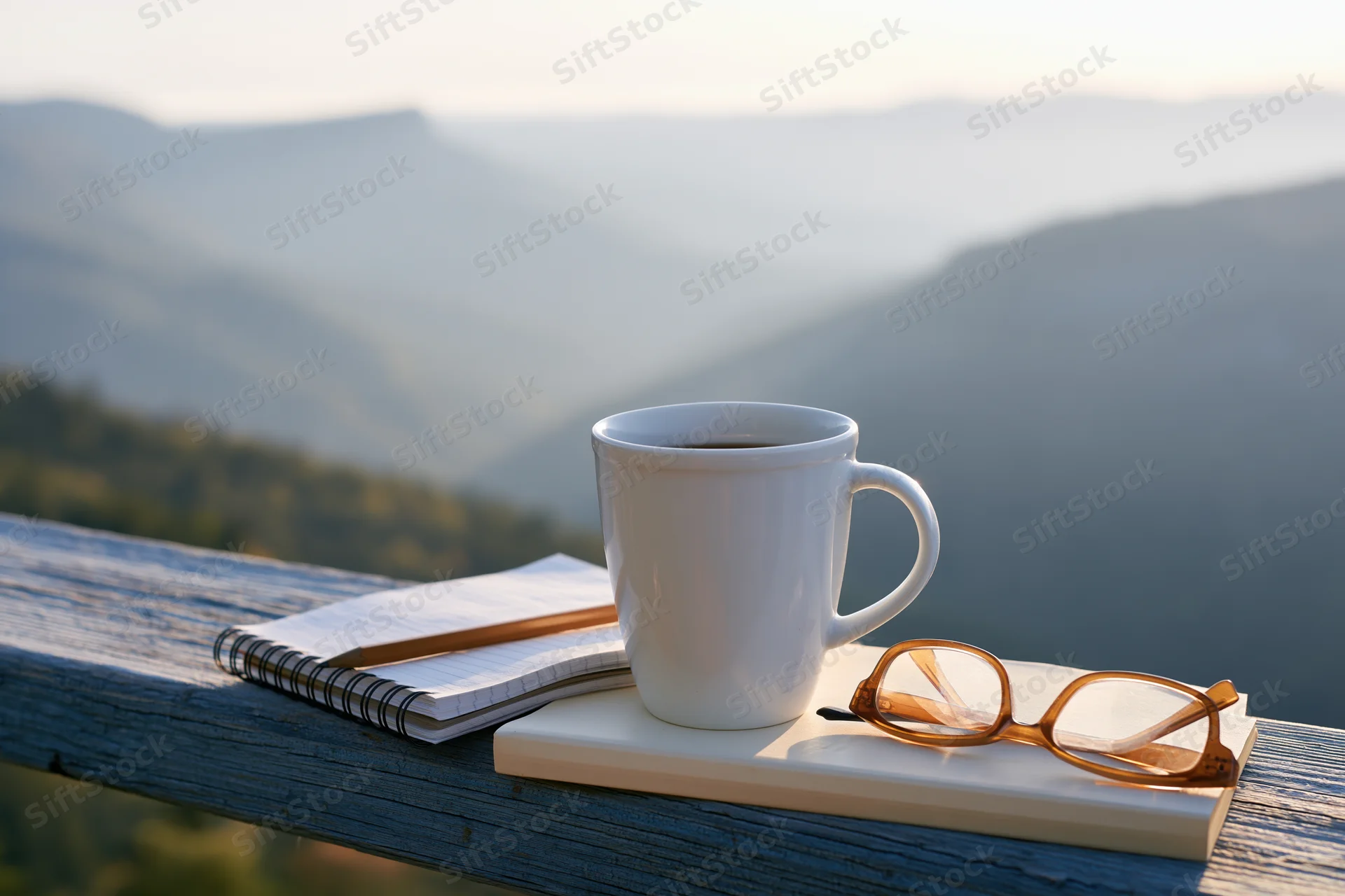 White ceramic coffee mug on weathered wooden railing with notebook, pencil and glasses overlooking misty mountains at sunrise