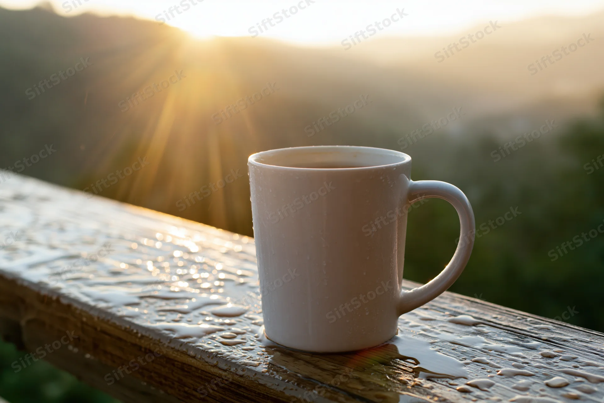 White ceramic coffee mug on wet wooden railing at sunrise overlooking hills
