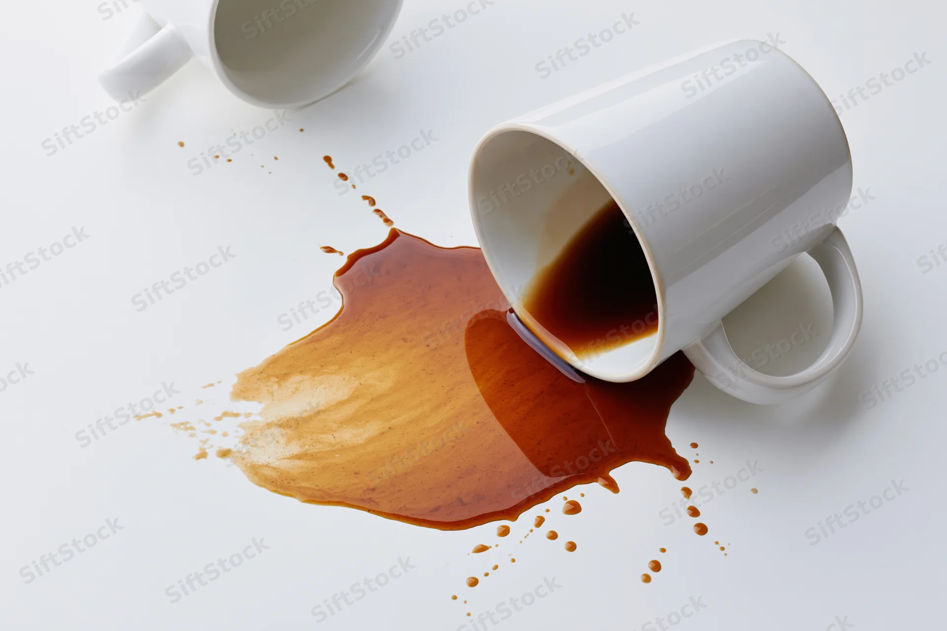 White ceramic coffee mug tipped over spilling dark liquid on a plain white surface