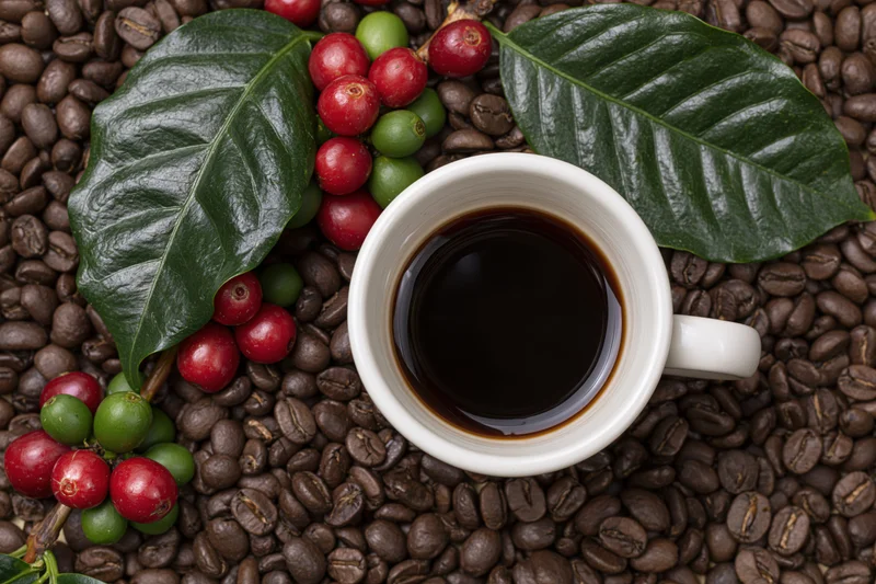 White ceramic cup of black coffee viewed from above on a bed of roasted beans with fresh cherries and green leaves