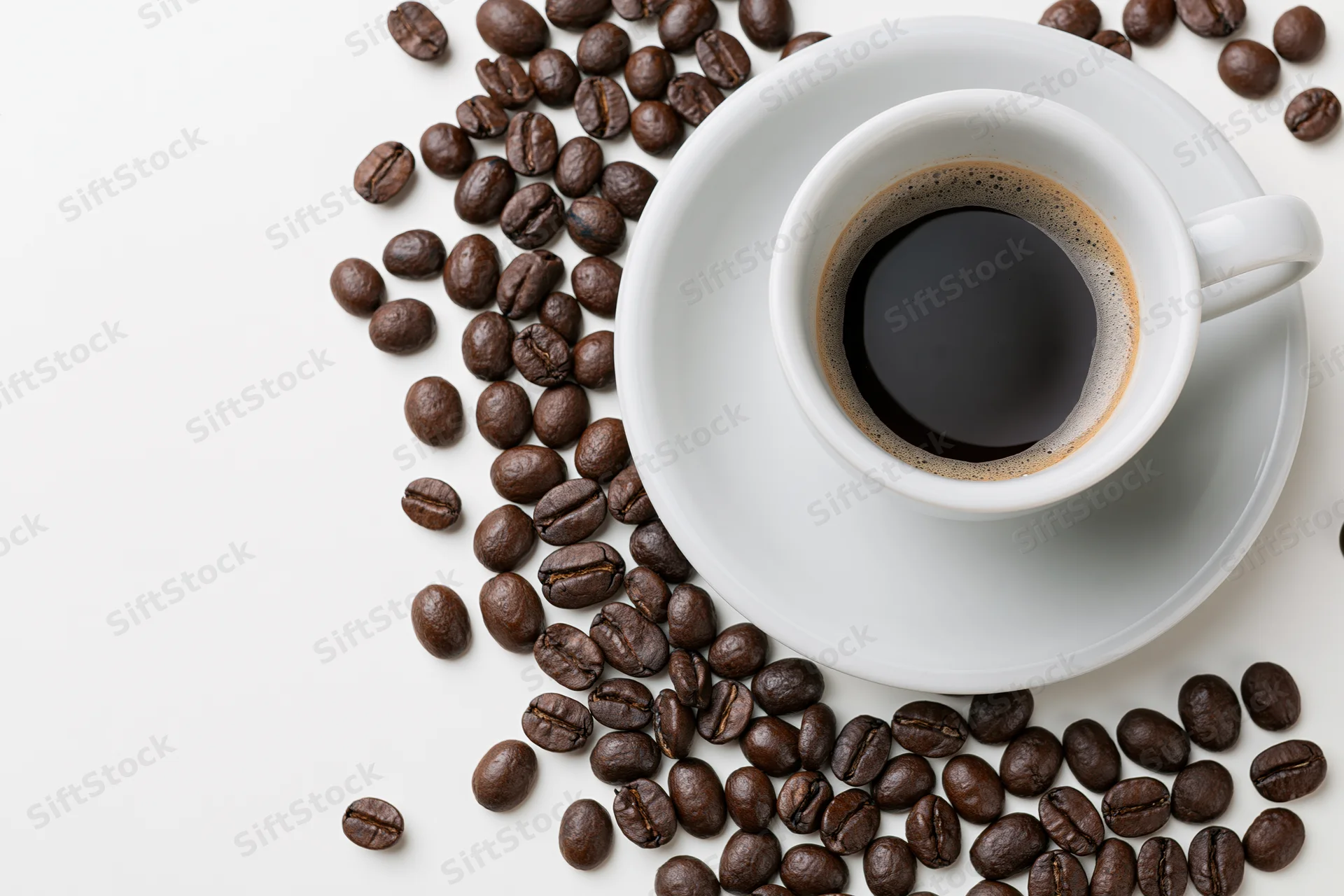 White ceramic cup of black coffee with crema on saucer surrounded by roasted coffee beans on white surface