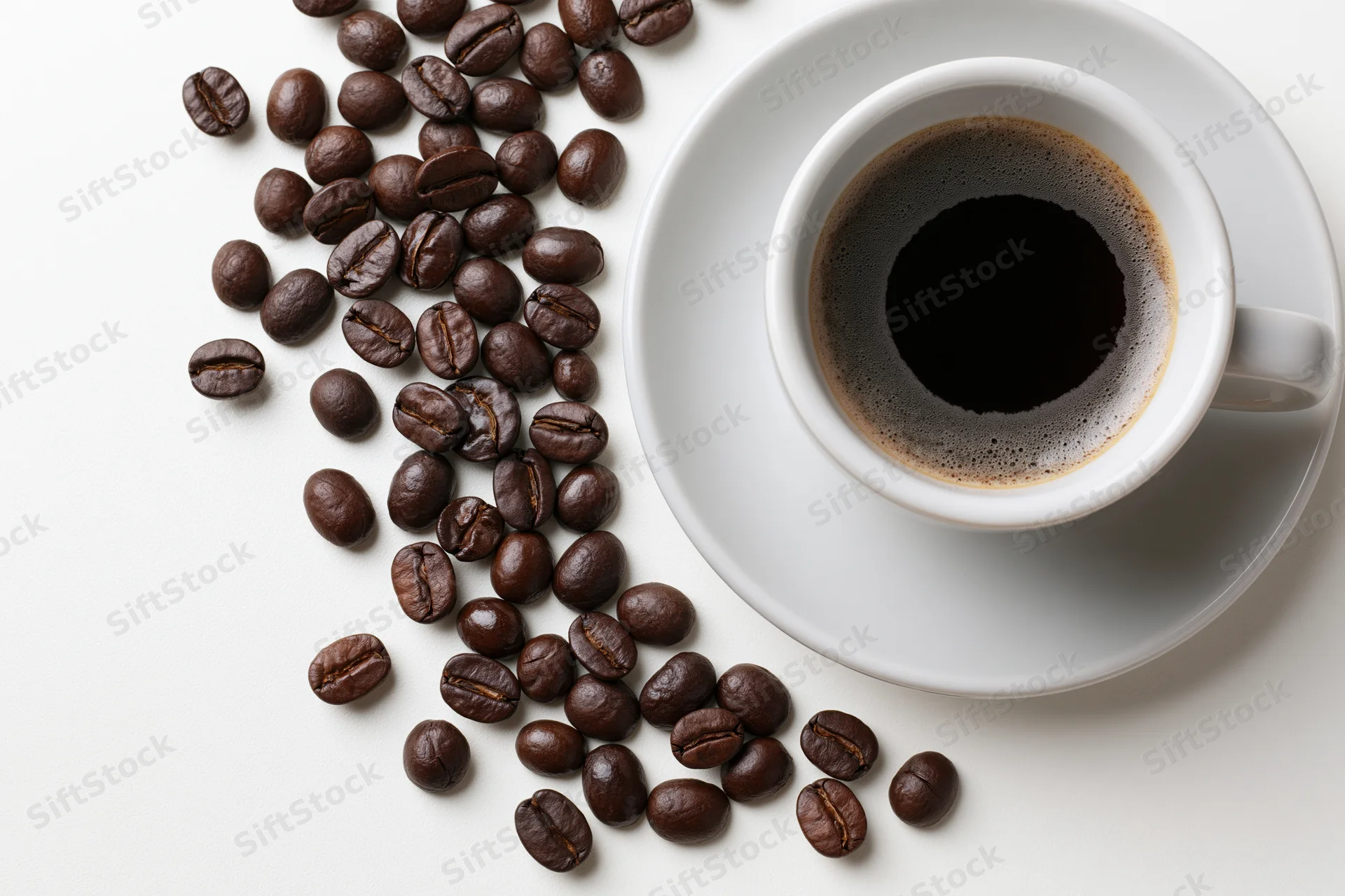 White ceramic cup of black coffee with crema on saucer beside scattered roasted coffee beans on white surface