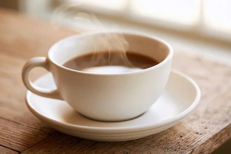 White ceramic cup of steaming black coffee on wooden table near window