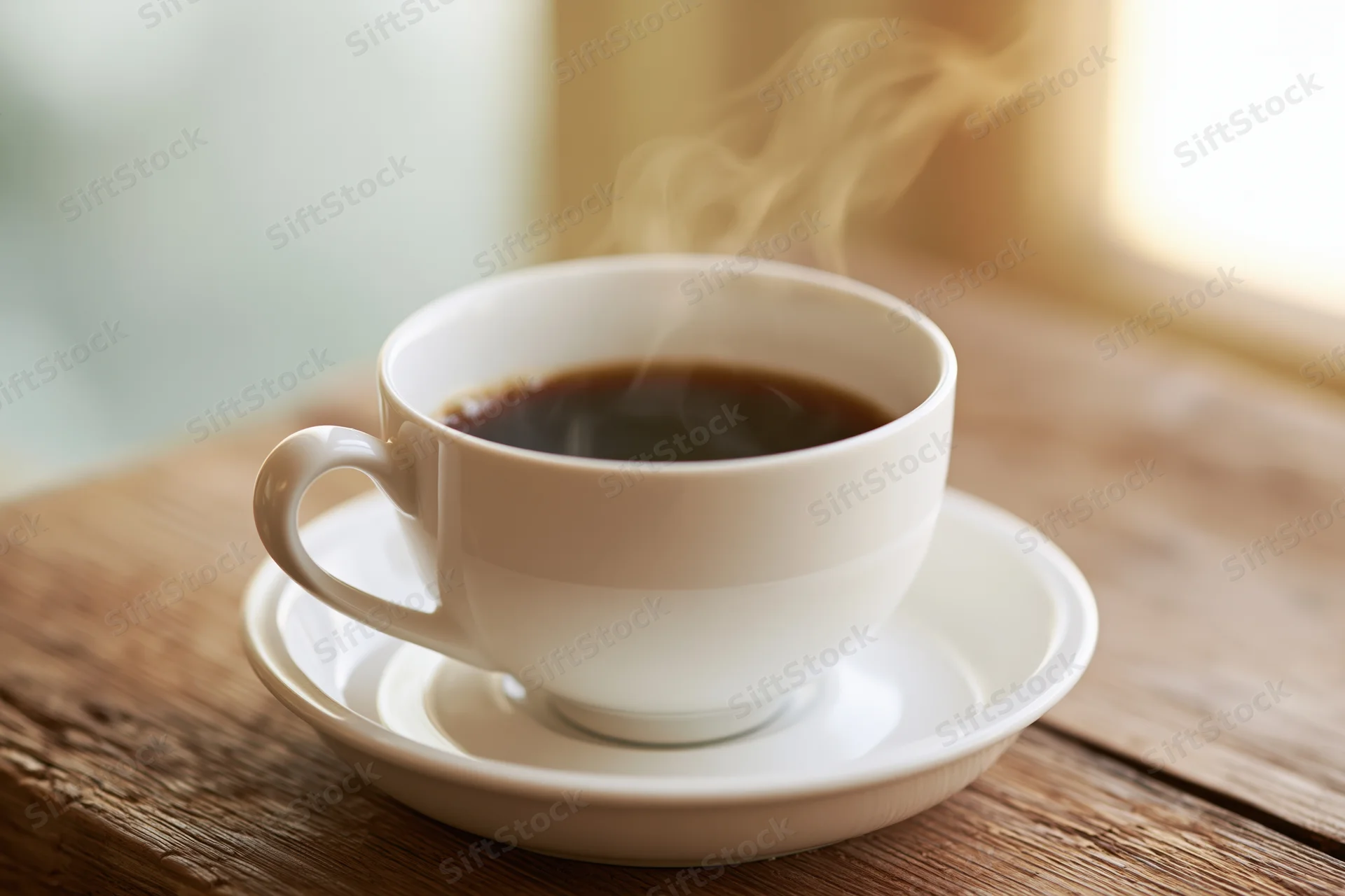 White ceramic coffee cup with steam on wooden table near window