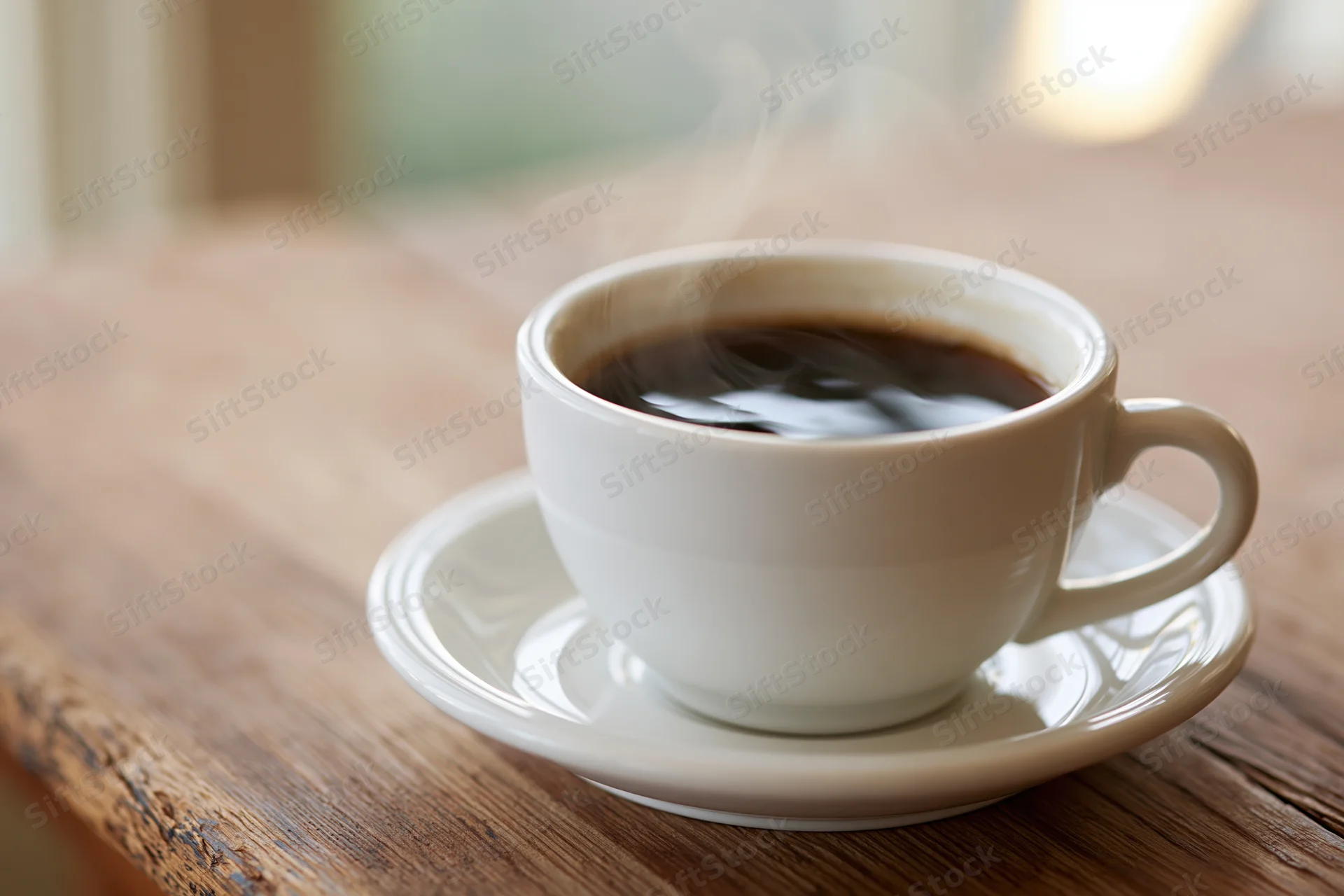 Steaming cup of black coffee on a wooden table