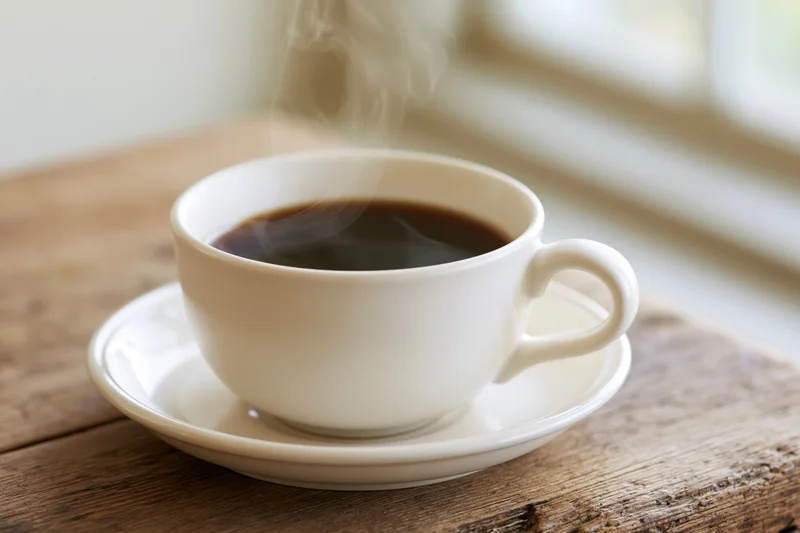 White ceramic coffee cup with steam on wooden table
