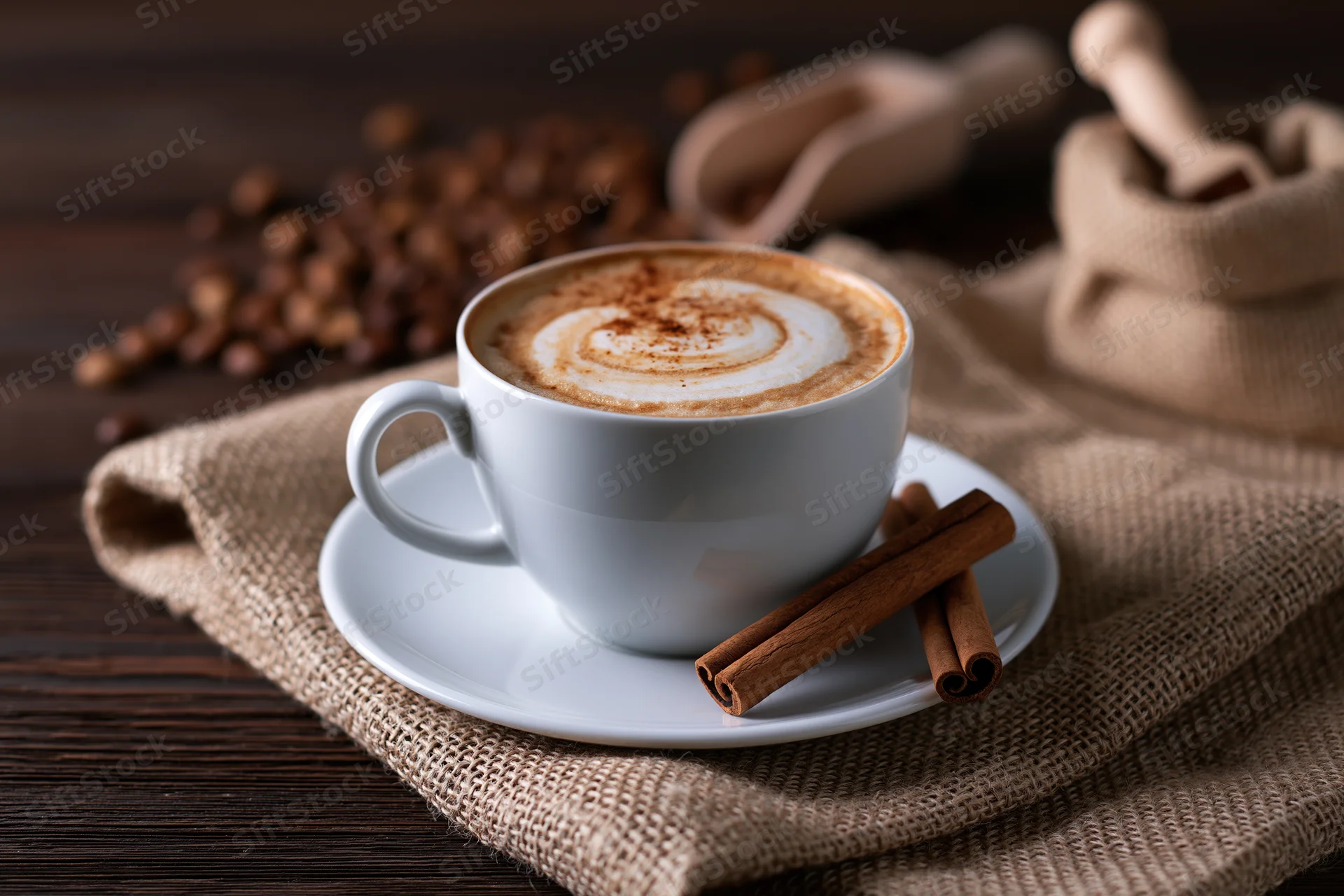White ceramic cup of cappuccino with latte art and cinnamon sticks on a saucer over burlap cloth on wooden table