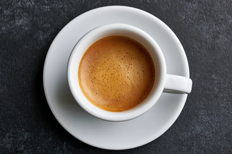 White ceramic espresso cup with frothy crema on dark stone surface, top view
