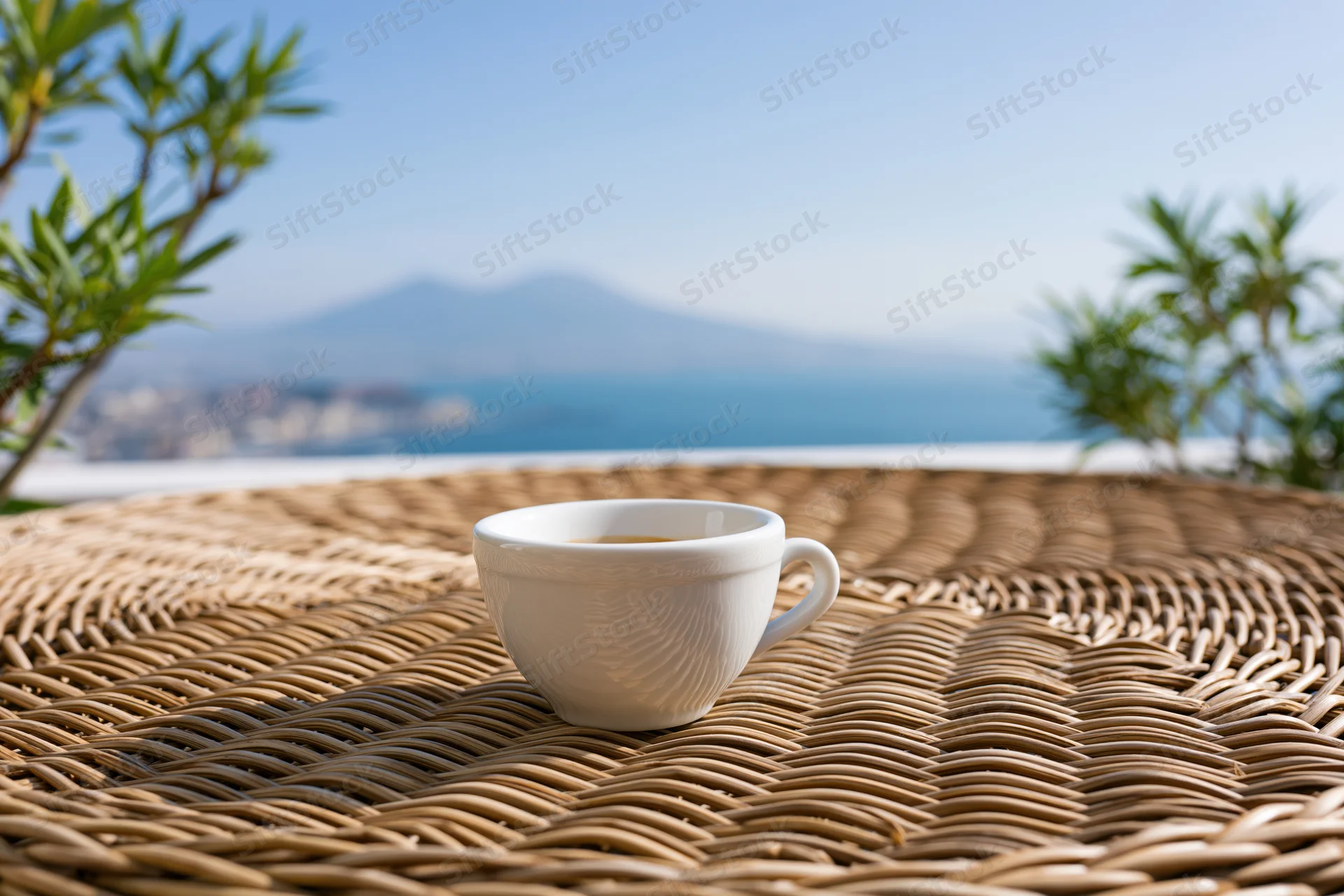 White ceramic espresso cup on woven rattan table overlooking sea and mountains