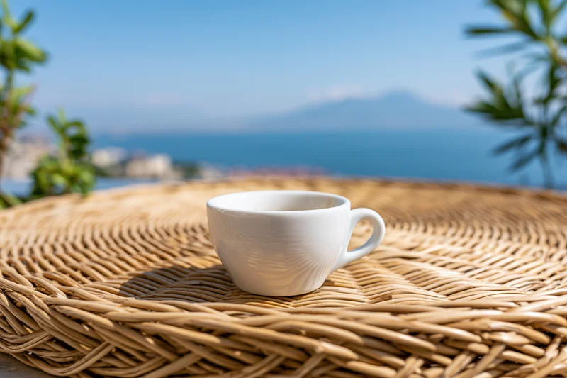 White ceramic espresso cup on woven rattan table overlooking ocean and mountains