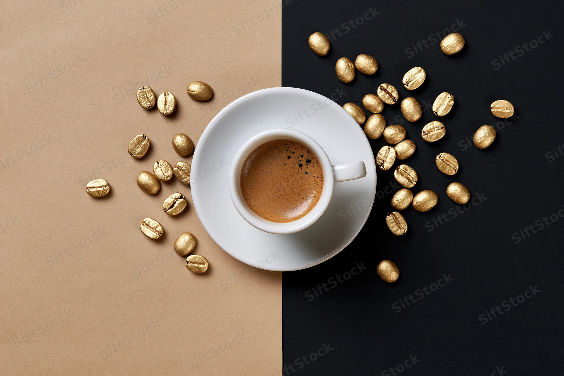 White ceramic espresso cup with golden coffee beans on split beige and black surface