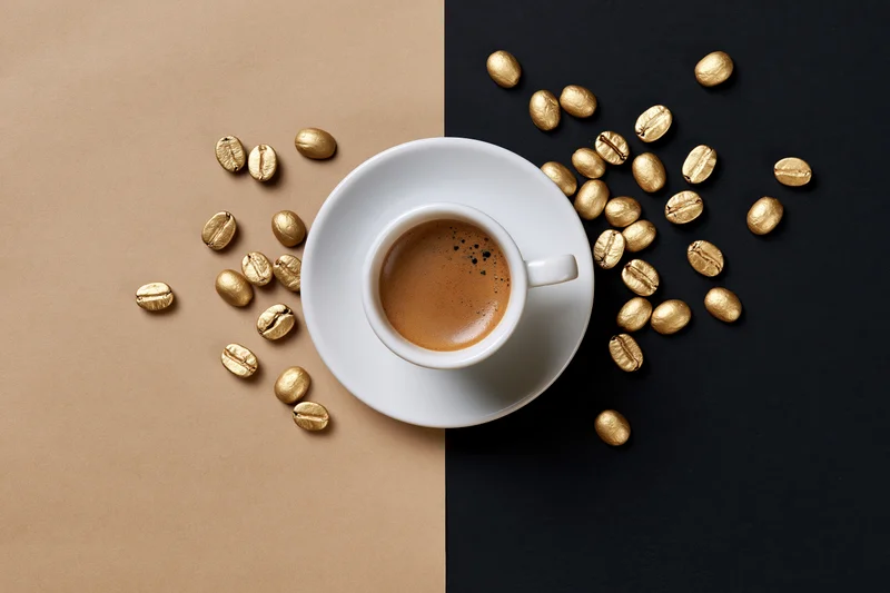 White ceramic espresso cup with golden coffee beans on split beige and black surface