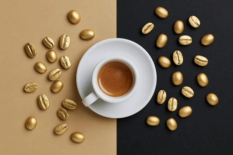 White ceramic espresso cup filled with coffee on saucer surrounded by golden coffee beans on split beige and black background
