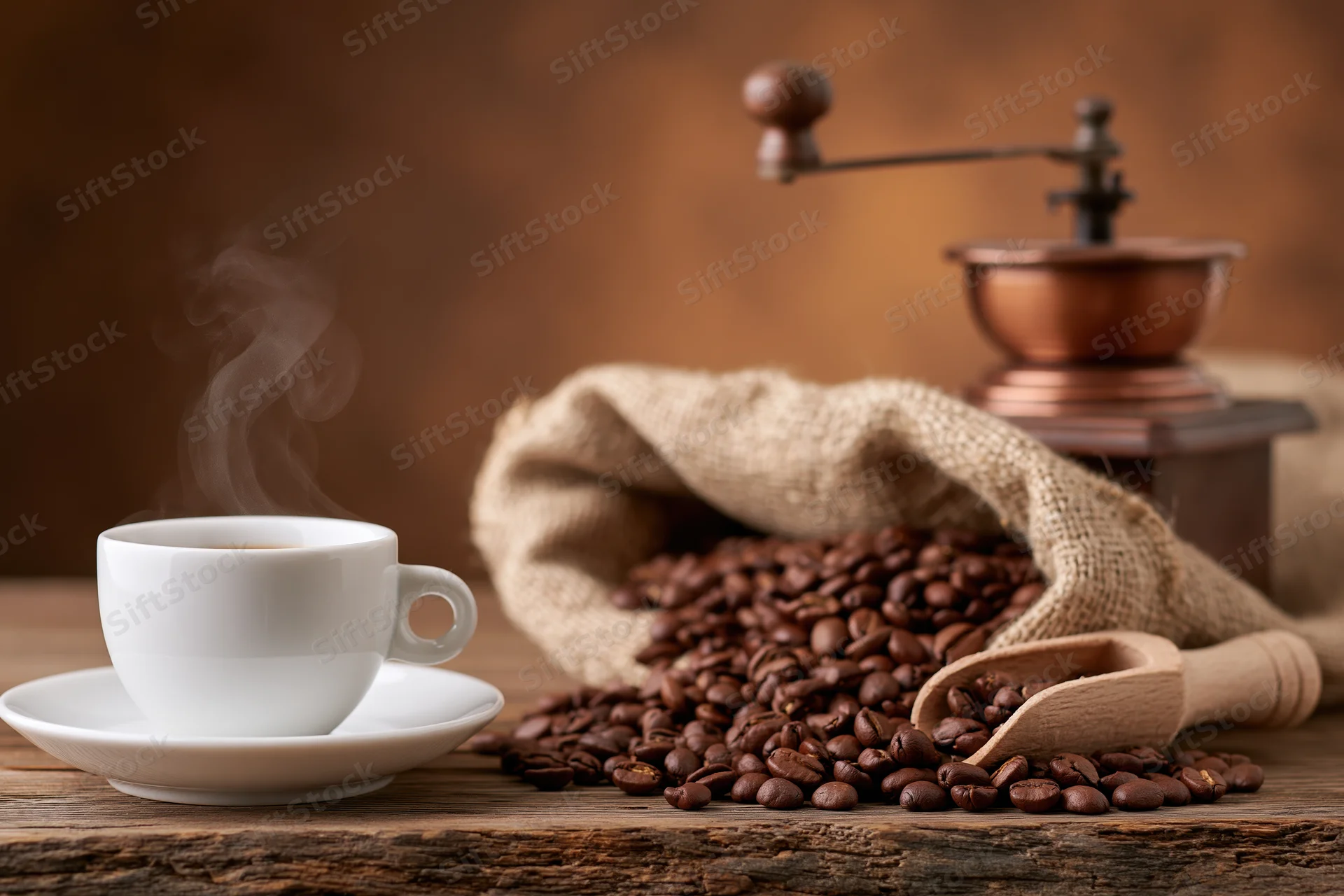 Steaming white espresso cup beside roasted coffee beans and a manual grinder on a wooden table
