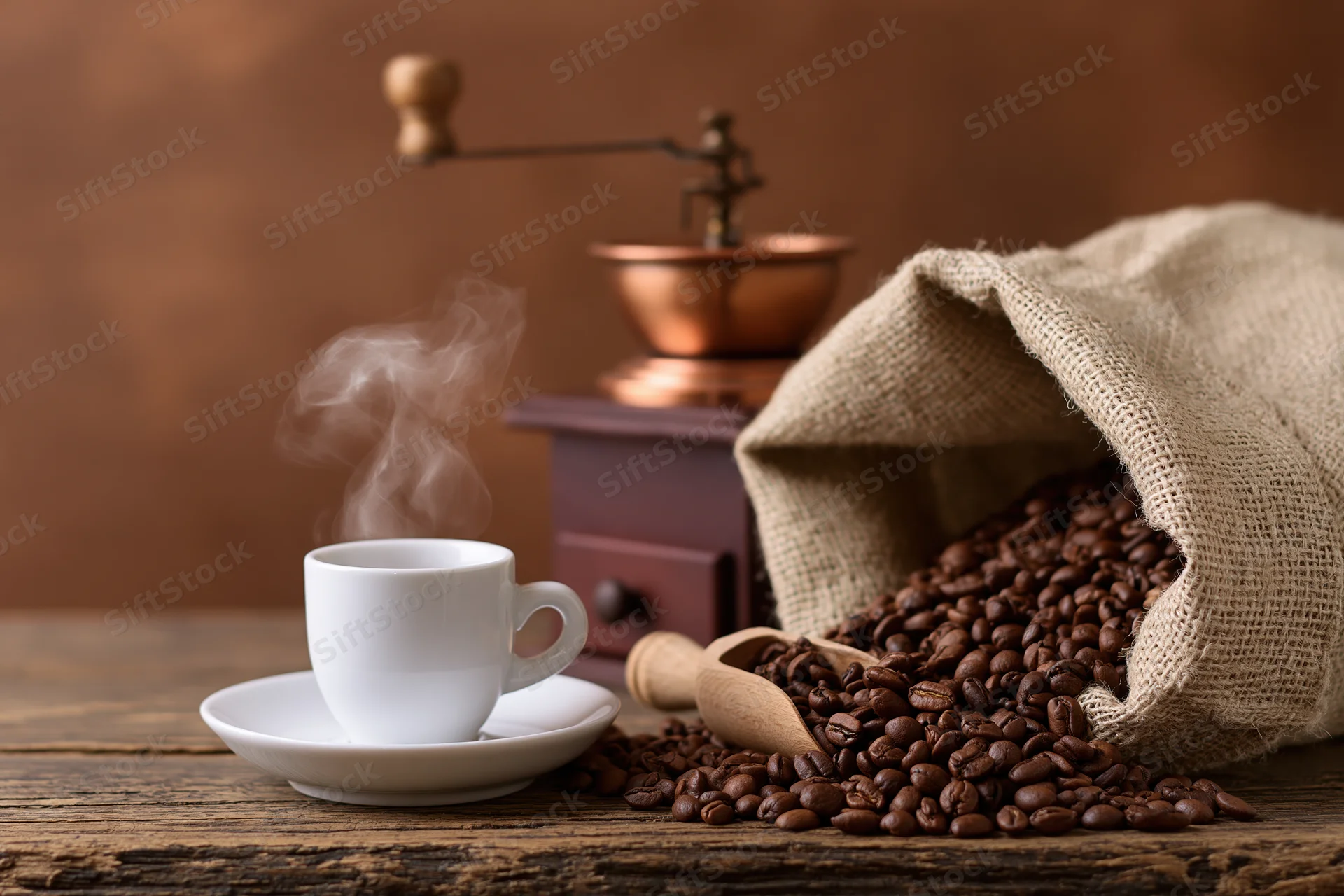 Steaming espresso cup beside spilled coffee beans and manual grinder on rustic wooden table