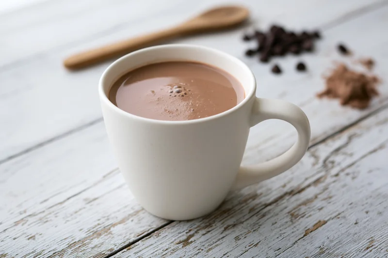 White ceramic mug filled with hot chocolate on a rustic wooden table with chocolate chips and cocoa powder nearby