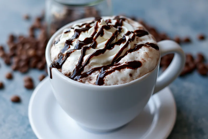 White ceramic mug filled with mocha topped with whipped cream and chocolate drizzle on saucer surrounded by coffee beans