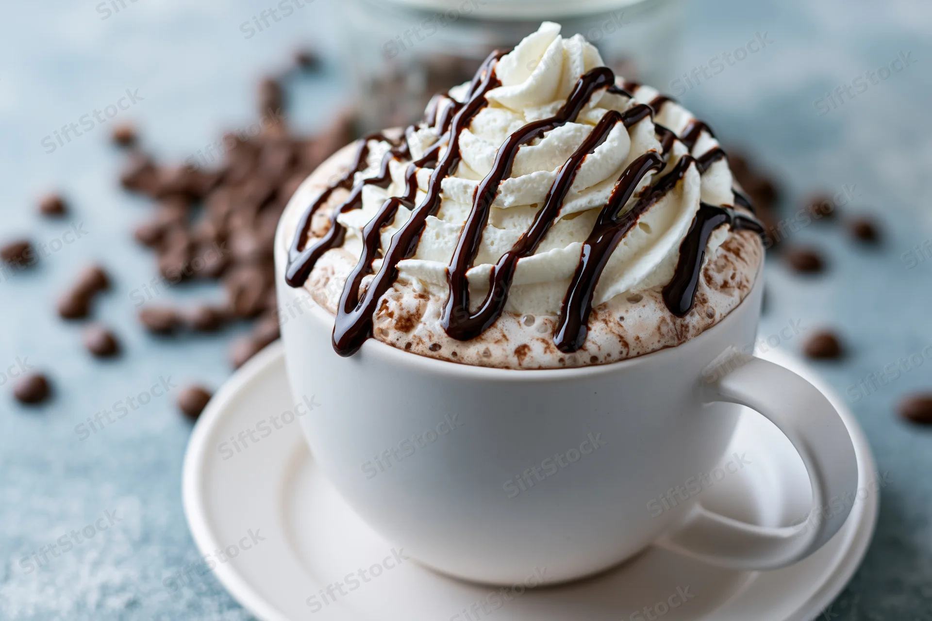 White ceramic mug filled with mocha topped with whipped cream and chocolate drizzle on saucer with scattered coffee beans on gray surface
