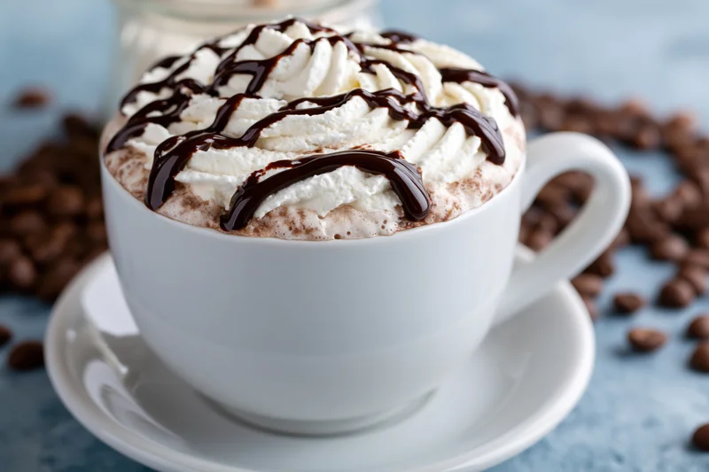White ceramic mug filled with mocha topped with whipped cream and chocolate drizzle on saucer with coffee beans scattered around