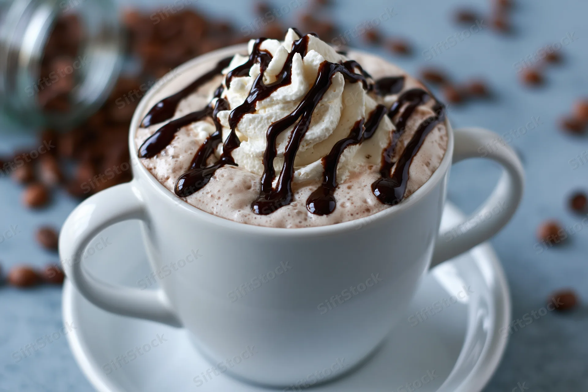 White ceramic mug filled with mocha topped with whipped cream and chocolate drizzle on saucer with scattered coffee beans around