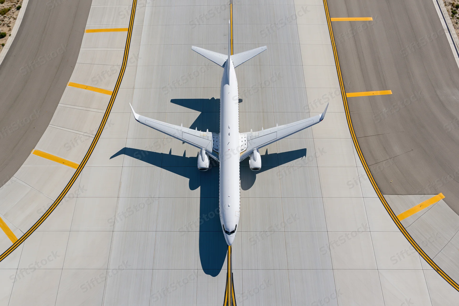 White commercial passenger jet taxiing on airport runway viewed from above