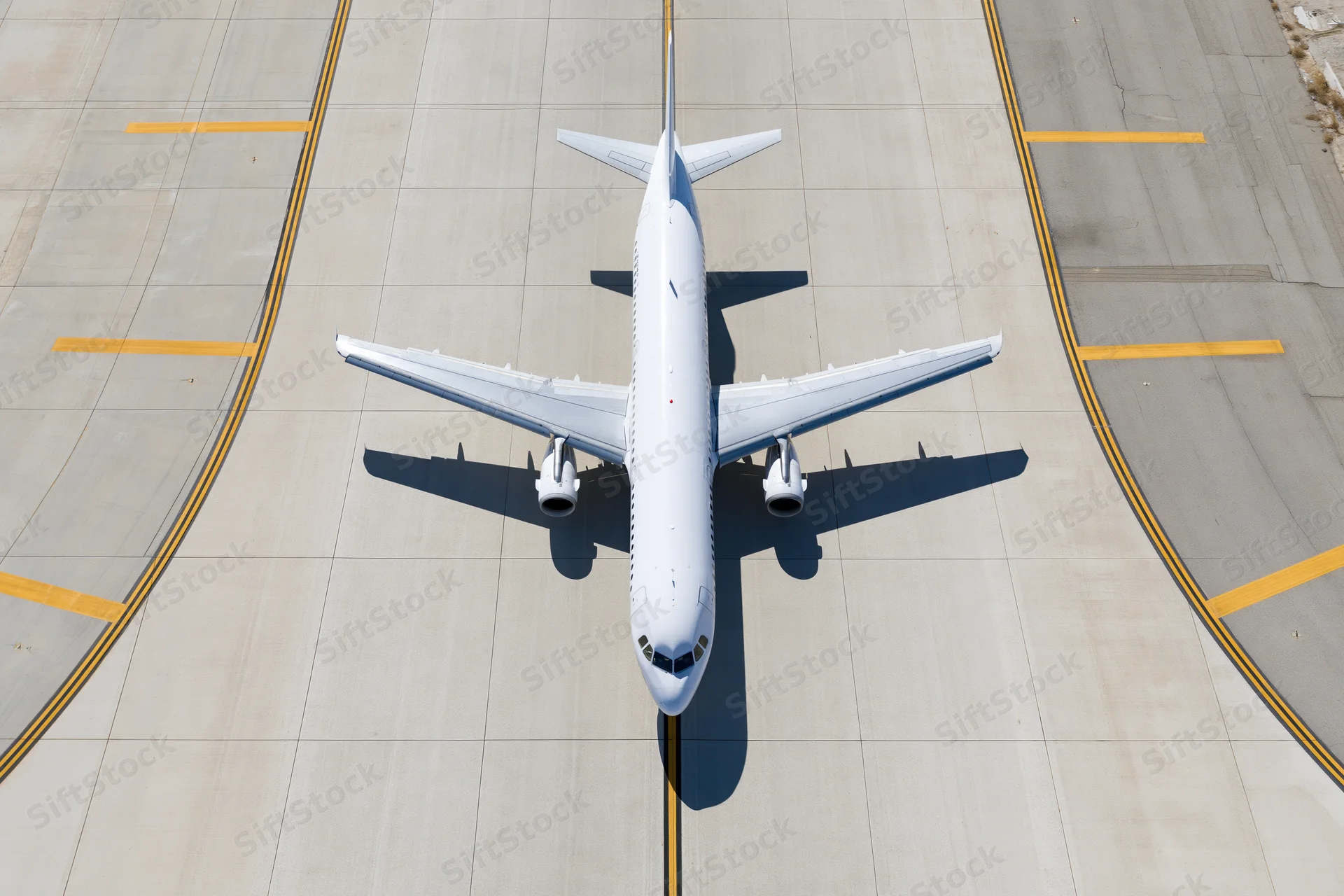 White commercial passenger jet taxiing on airport runway viewed from above