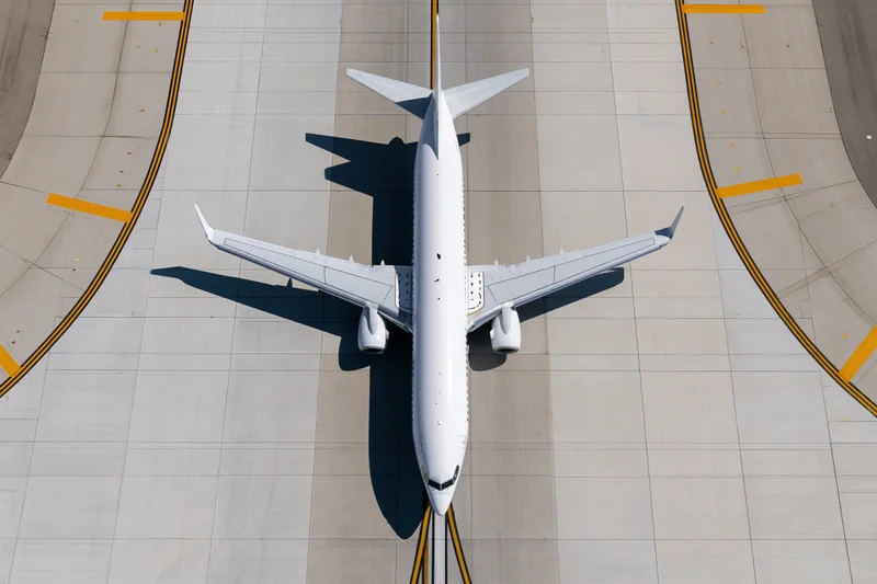White commercial passenger jet taxiing on airport runway viewed from above