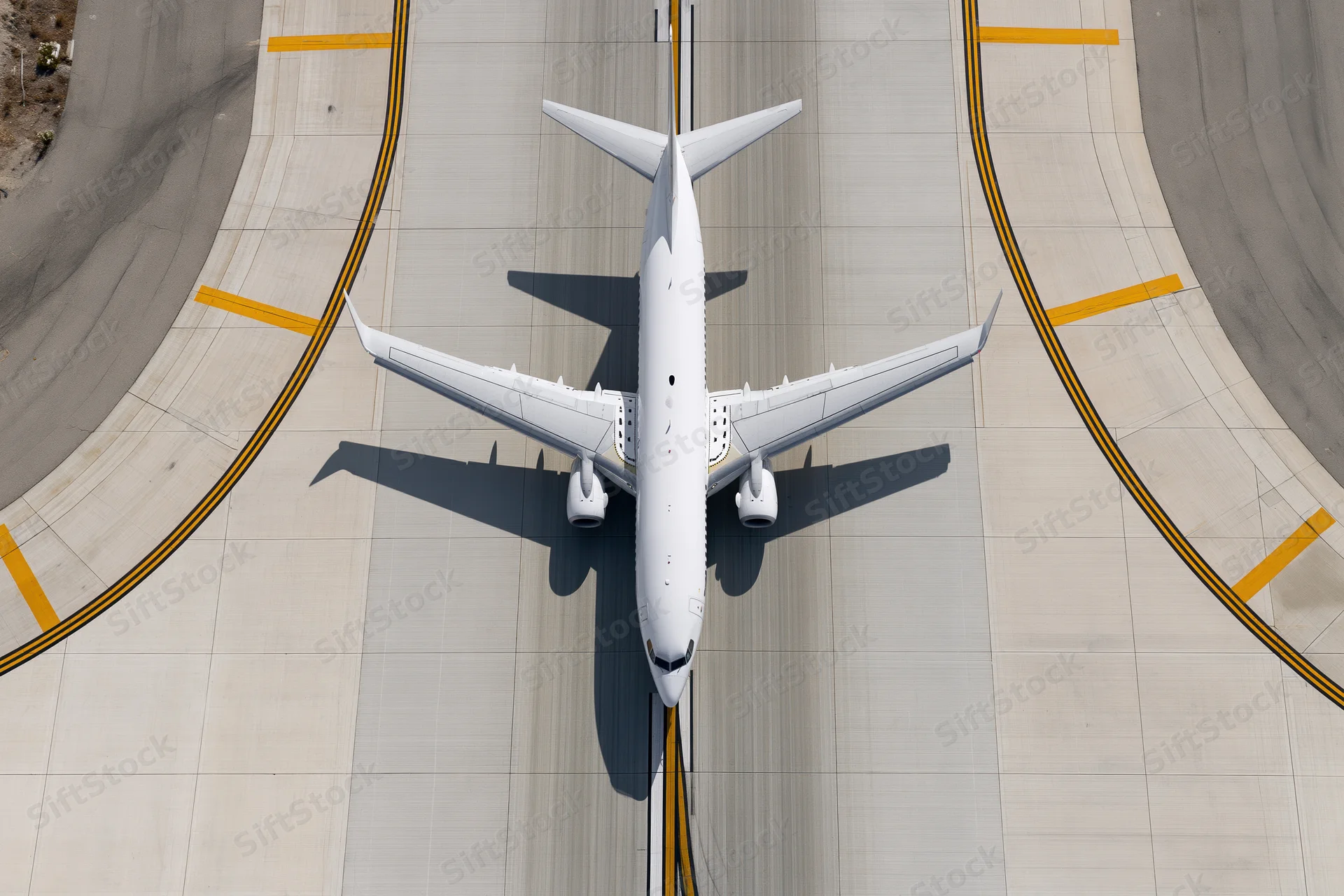 White commercial passenger jet taxiing on airport runway viewed from above