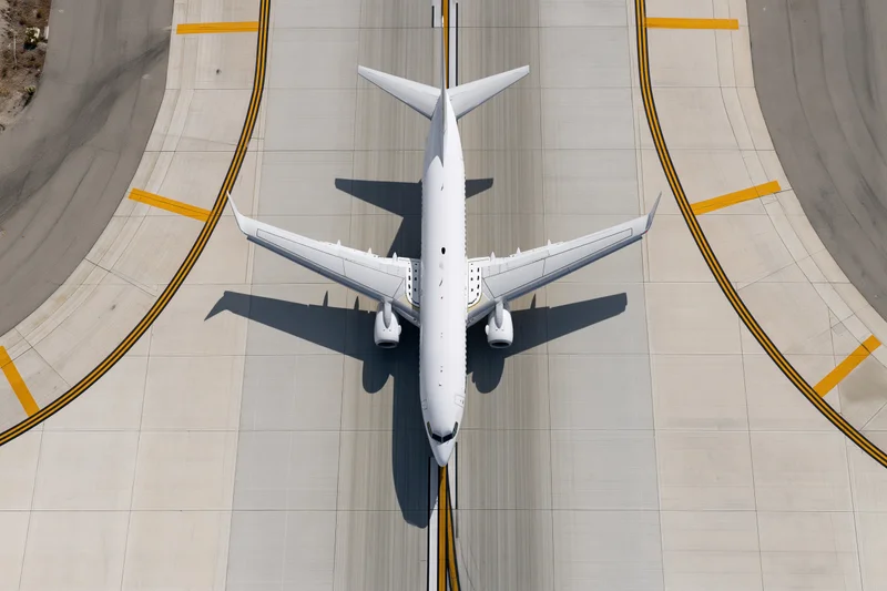White commercial passenger jet taxiing on airport runway viewed from above