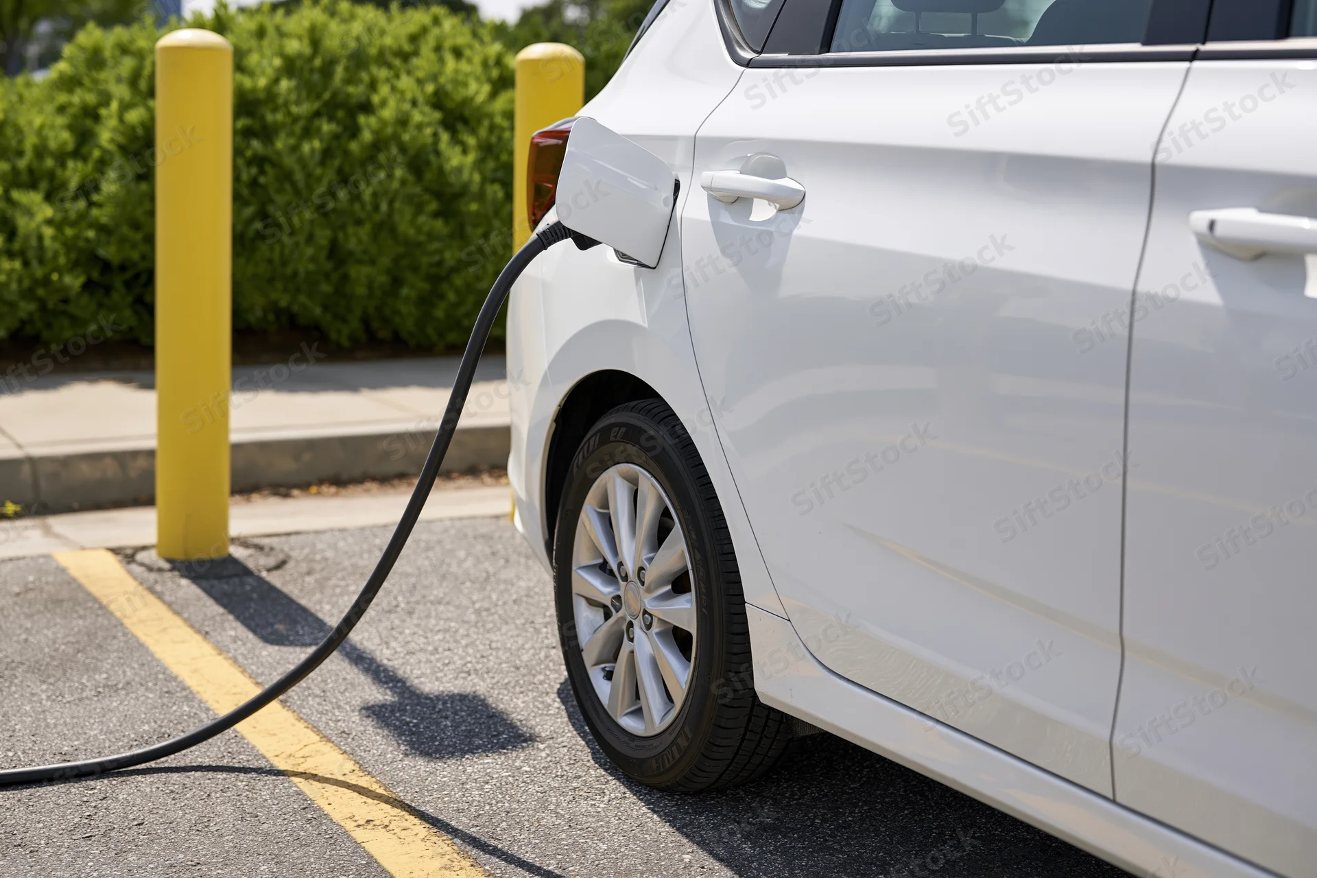 White electric car plugged into charging station in outdoor parking lot