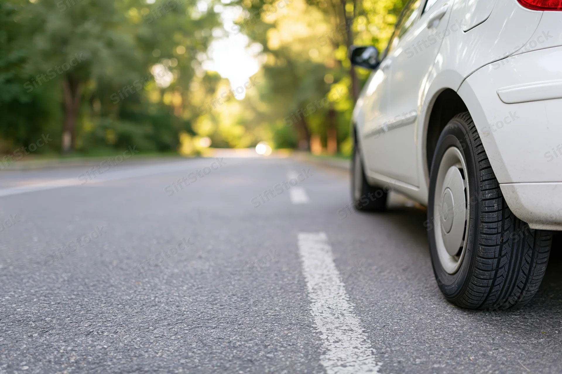 White hatchback parked on the side of a two-lane road lined with trees