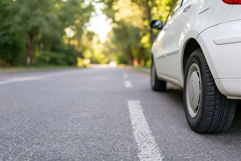 White hatchback parked on the side of a two-lane road lined with trees