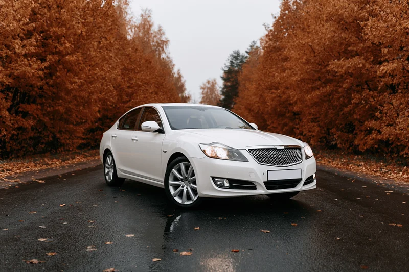 White luxury sedan parked on wet asphalt road with headlights on surrounded by autumn trees