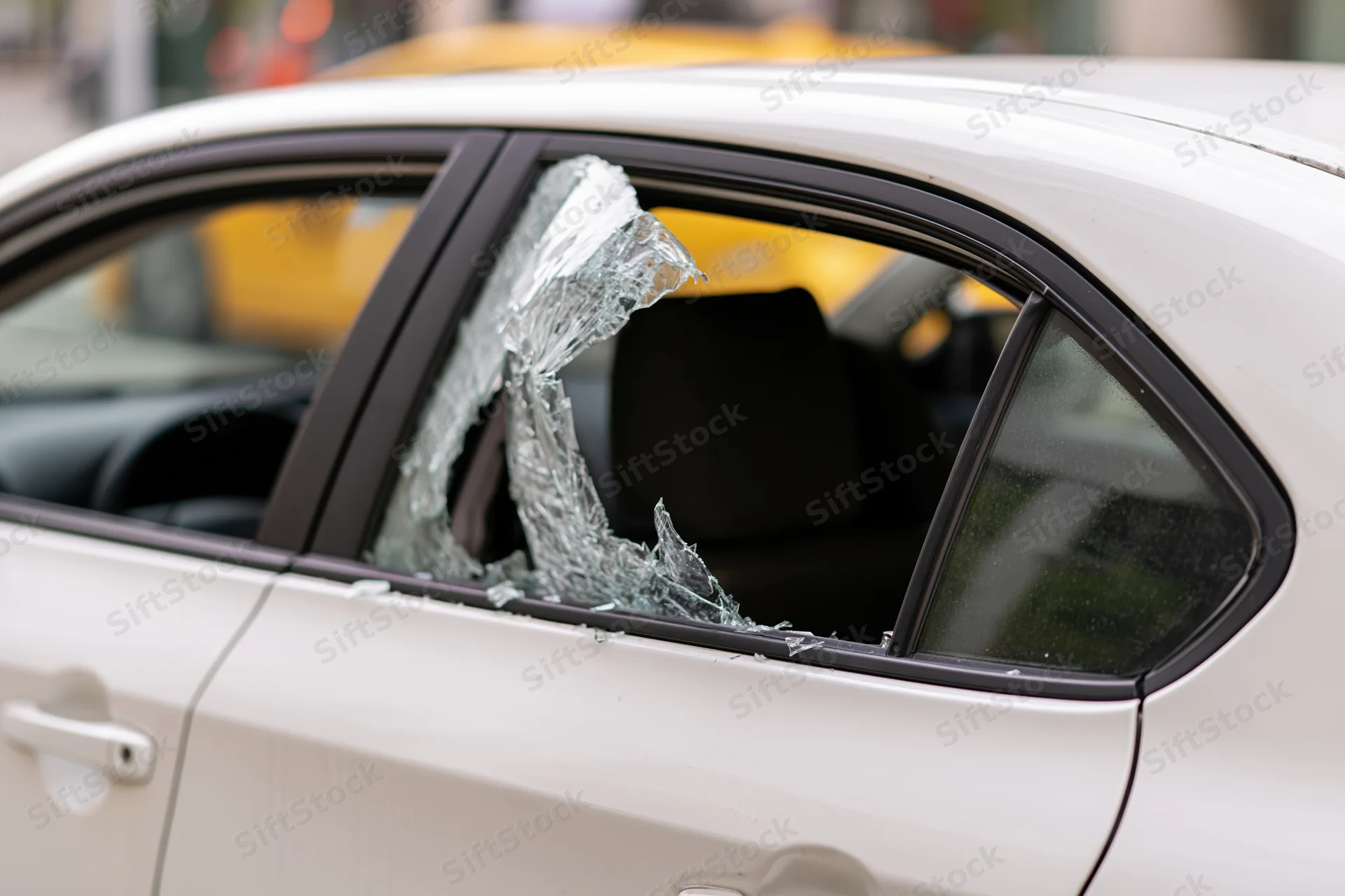 White sedan with rear passenger window smashed inward, showing jagged glass fragments and interior seat