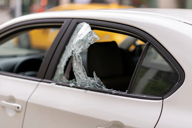 White sedan with rear passenger window smashed inward, showing jagged glass fragments and interior seat