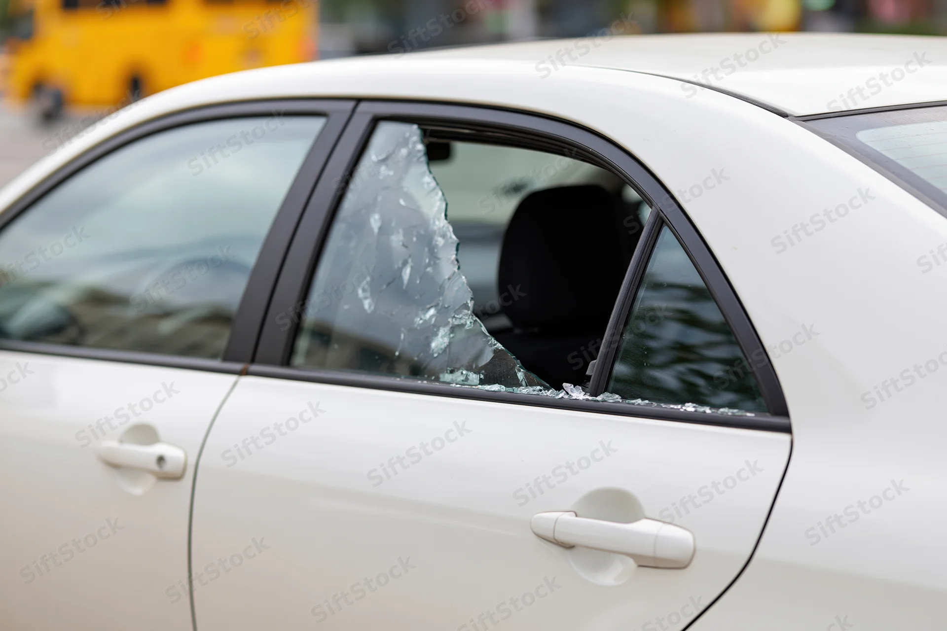 White sedan with shattered rear passenger window showing broken glass and interior seat