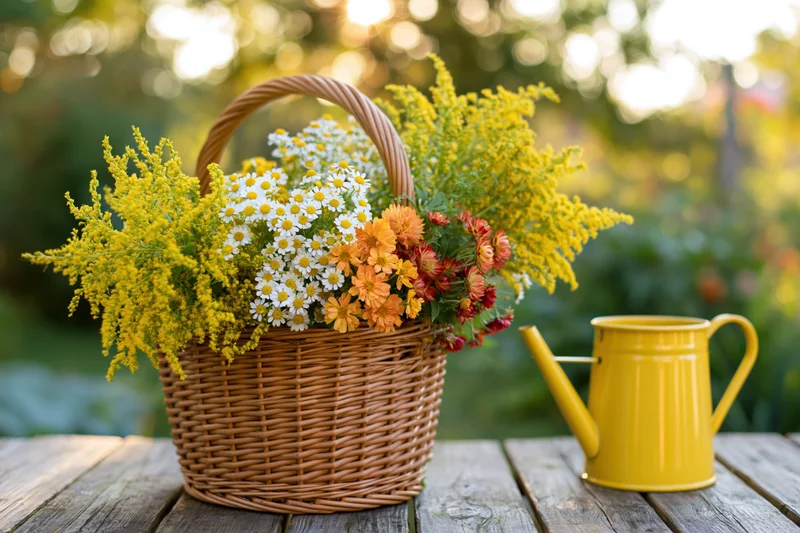 Wicker basket filled with wildflowers and a yellow watering can on a wooden table in a garden
