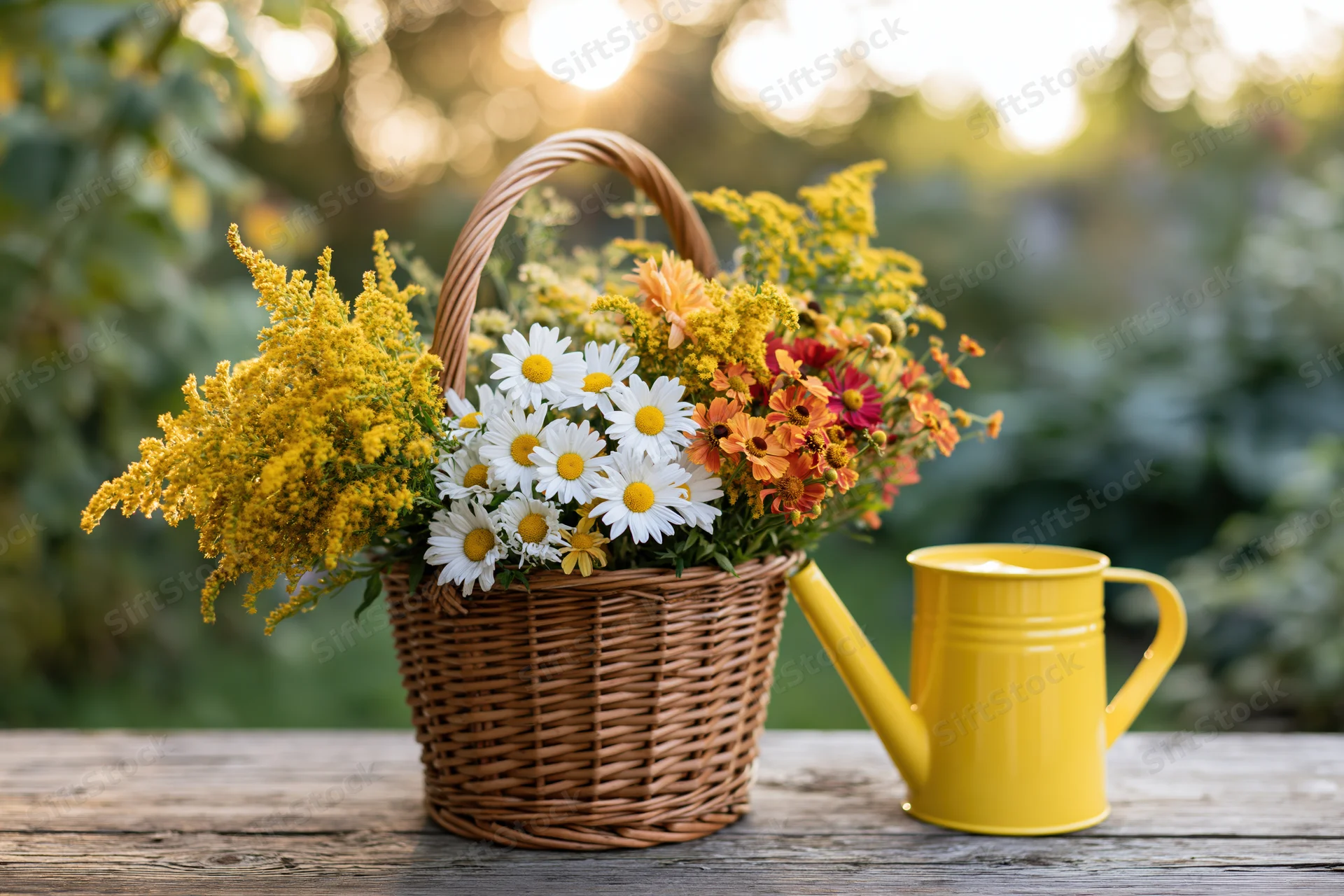 Wicker basket filled with daisies and wildflowers beside a yellow watering can on a wooden table in a garden