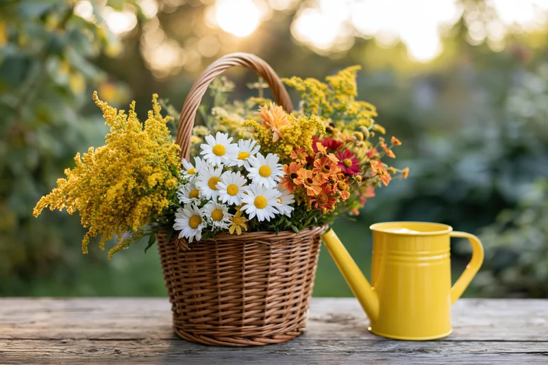 Wicker basket filled with daisies and wildflowers beside a yellow watering can on a wooden table in a garden
