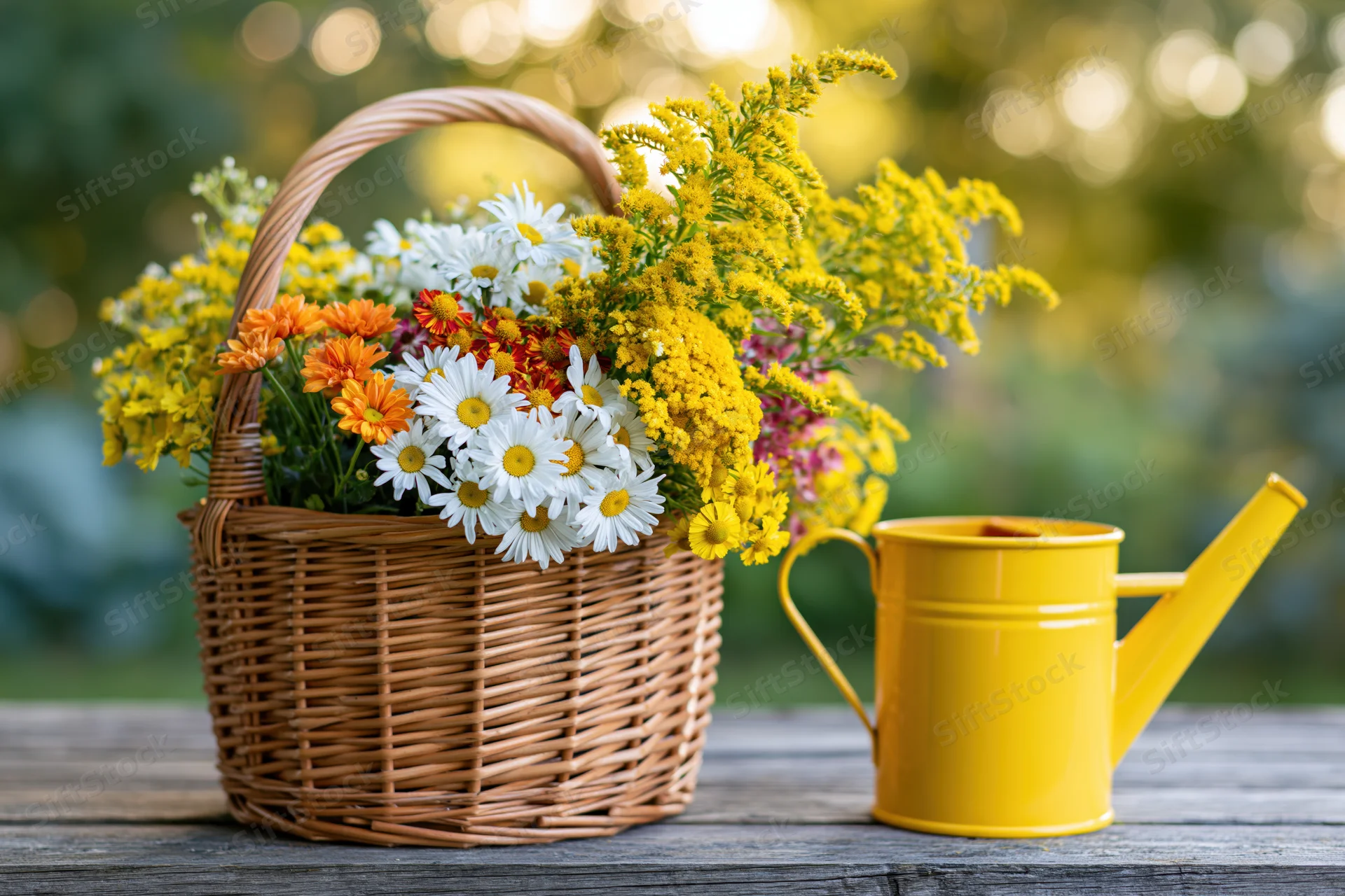 Wicker basket filled with wildflowers including daisies and goldenrod on a wooden table beside a yellow watering can in a garden setting