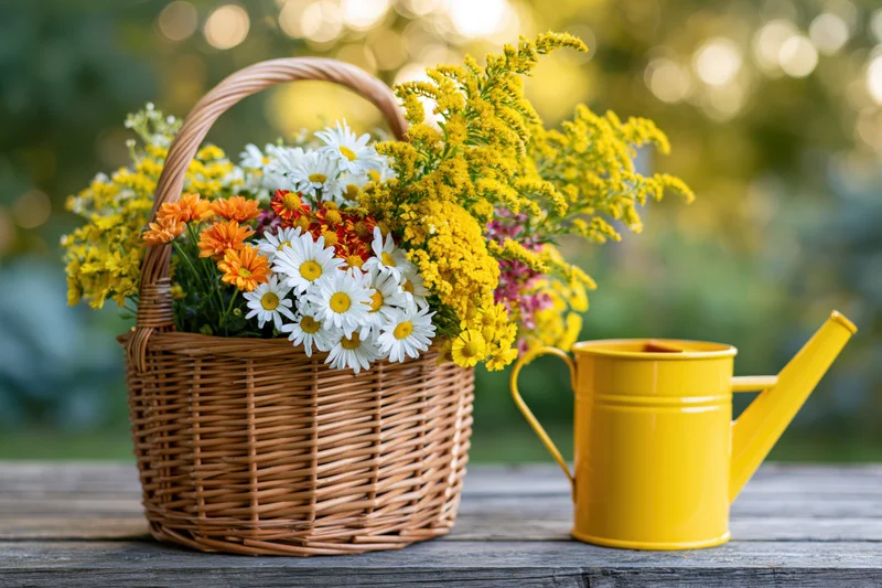 Wicker basket filled with wildflowers including daisies and goldenrod on a wooden table beside a yellow watering can in a garden setting