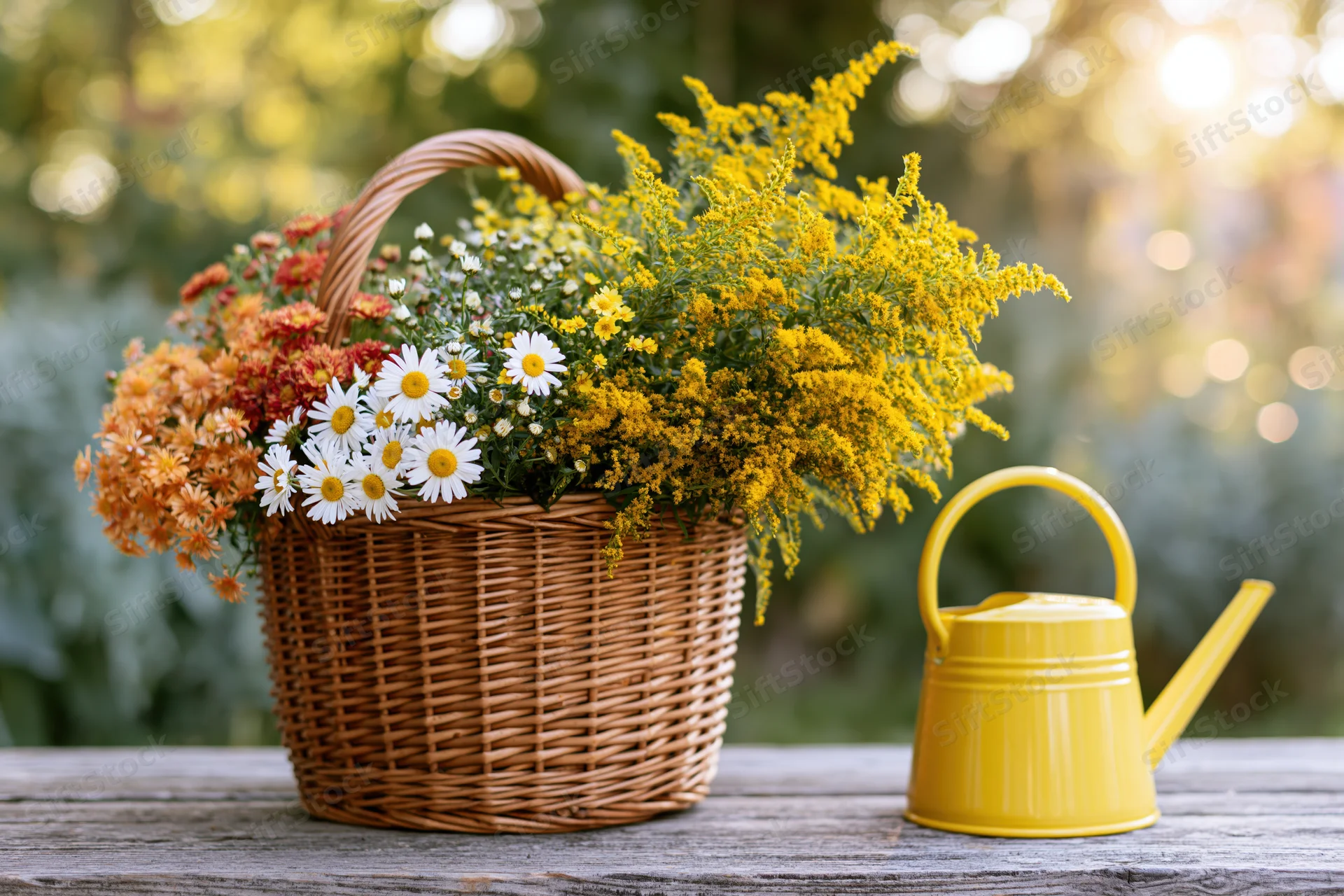 Wicker basket overflowing with wildflowers and daisies on wooden table beside yellow watering can in garden setting