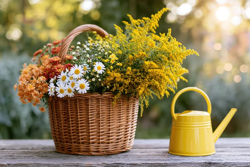 Wicker basket overflowing with wildflowers and daisies on wooden table beside yellow watering can in garden setting