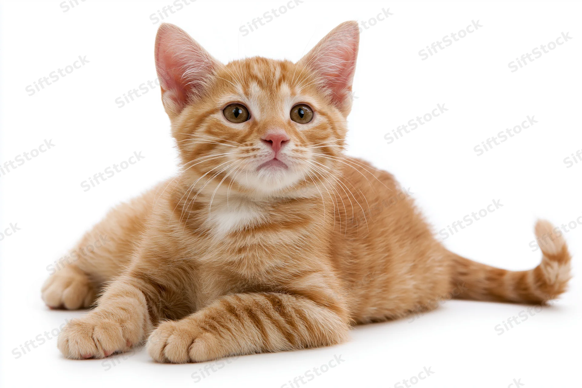 Orange tabby kitten lying down with front paws stretched on white background