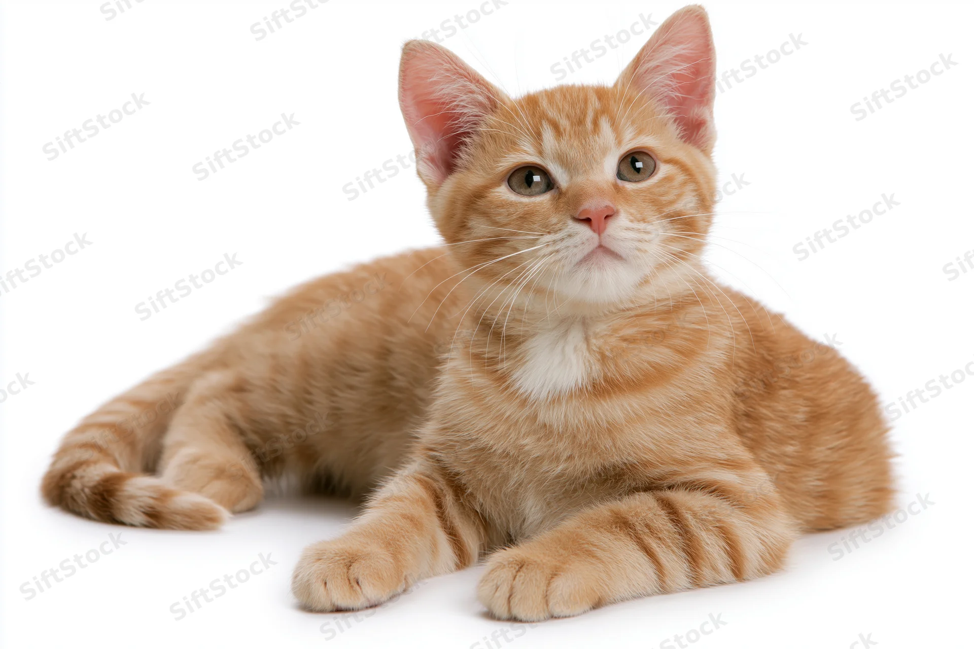 Young orange tabby kitten lying down with front paws stretched on white background