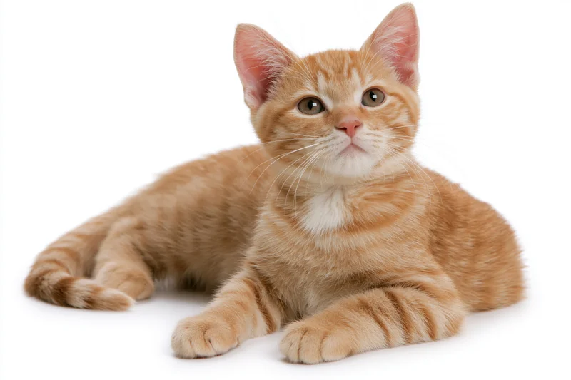 Young orange tabby kitten lying down with front paws stretched on white background
