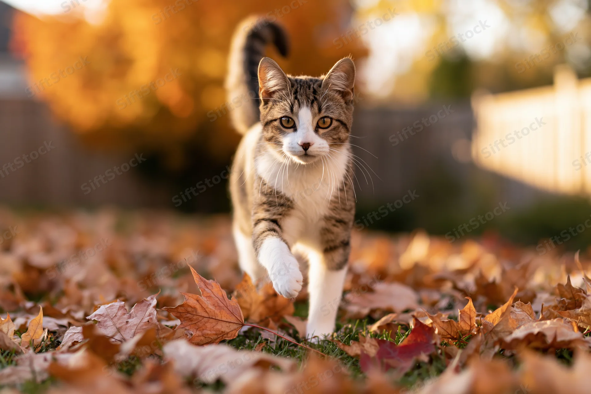 Tabby and white cat trotting across a backyard lawn covered in autumn leaves