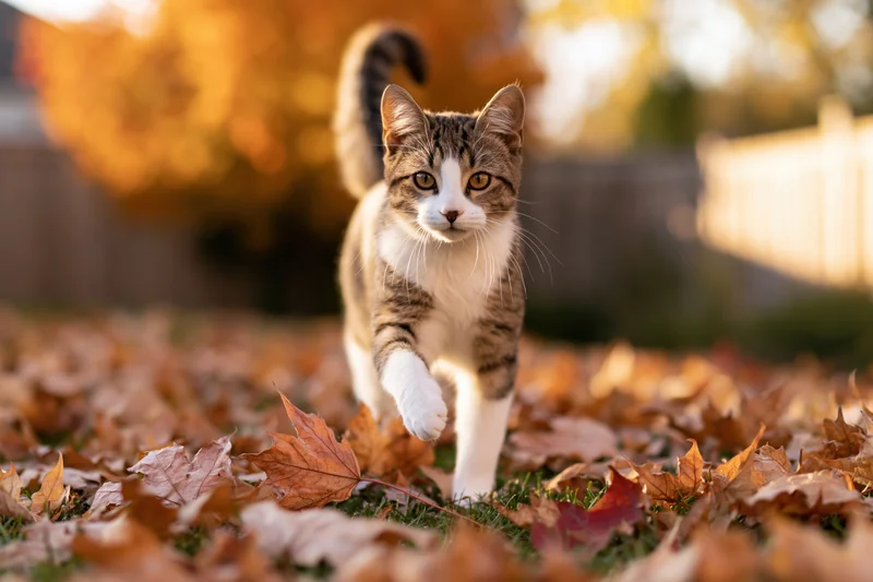Tabby and white cat trotting across a backyard lawn covered in autumn leaves