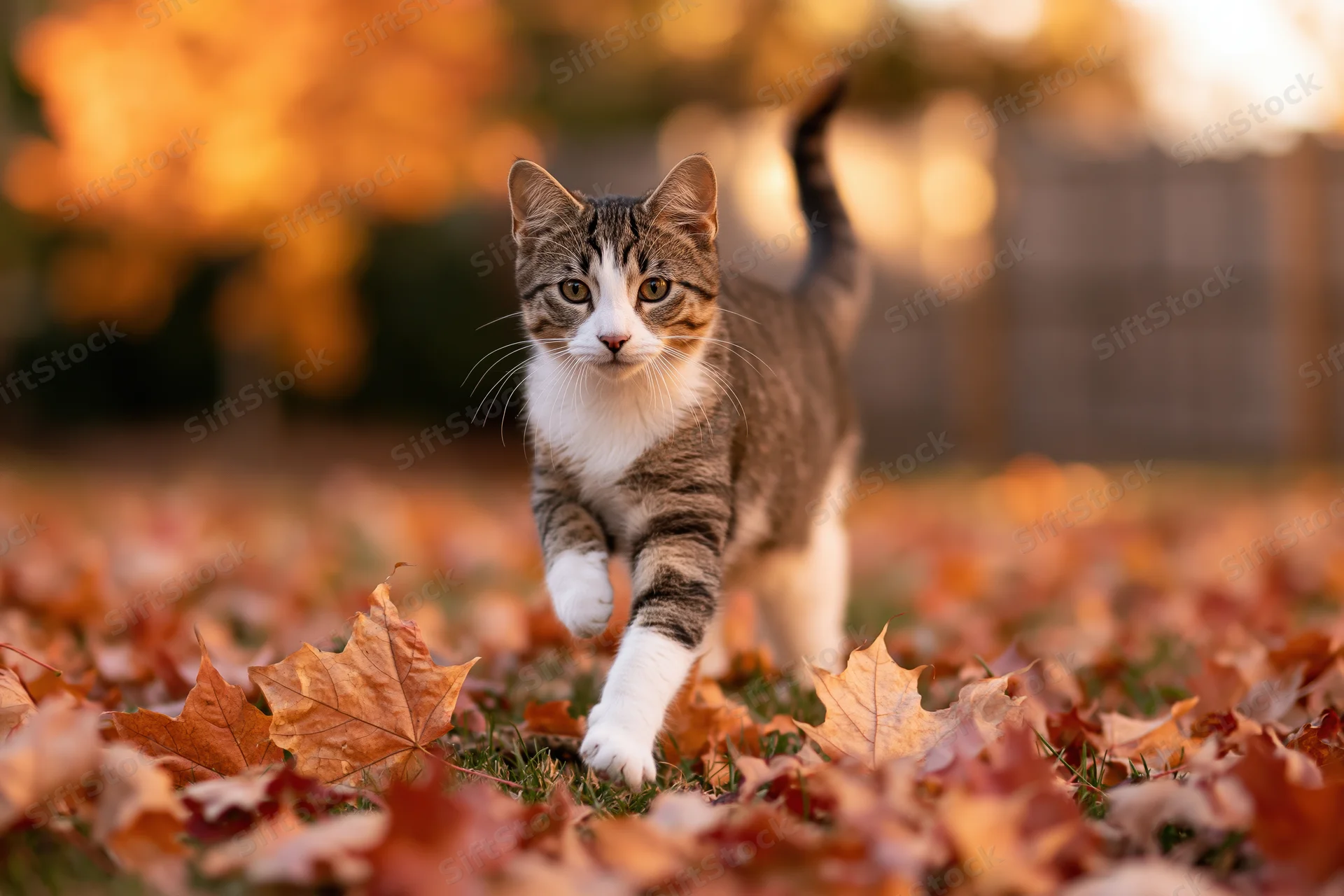 Tabby and white cat trotting across a backyard lawn covered in autumn leaves