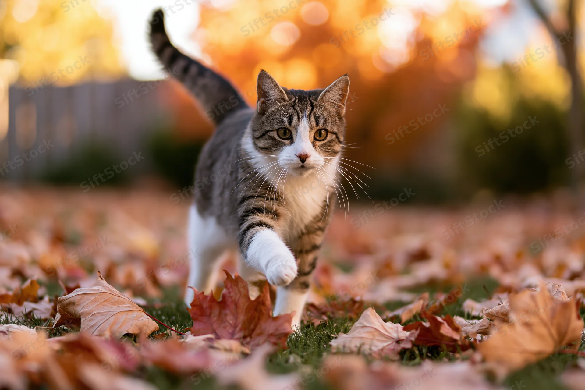 Tabby and white cat walking across a backyard lawn covered in autumn leaves